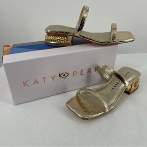 NIB Katy Perry The Framing Low Heel Gold Square Toe Sandals Greek Roman Casual
